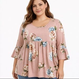 Women’s Babydoll Tunic soft knit Floral Pink 3x 3/4 Bell Sleeves Boho Emerald